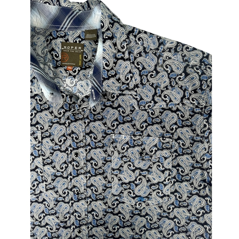 Roper Shirt Mens 2XL Blue Paisley Western Pearl Snap Long Sleeve